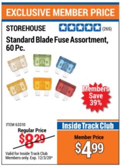 Harbor Freight Coupon STOREHOUSE STANDARD BLADE FUSE ASSORTMENT, 60 PC. Lot No. 63310 Expired: 12/3/20 - $4.99