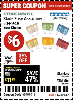 Harbor Freight Coupon STOREHOUSE STANDARD BLADE FUSE ASSORTMENT, 60 PC. Lot No. 63310 Expired: 2/18/24 - $6