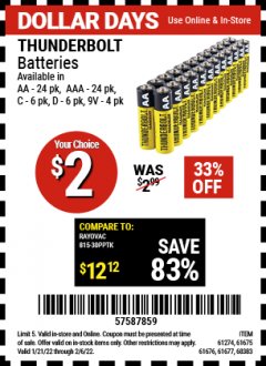 Harbor Freight Coupon THUNDERBOLT HEAVY DUTY BATTERIES Lot No. 61677/61675/61274/61676/68383 Expired: 2/6/22 - $2