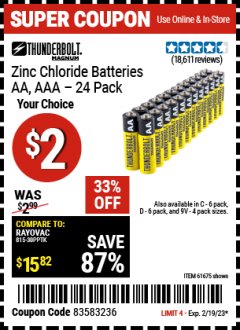 Harbor Freight Coupon THUNDERBOLT HEAVY DUTY BATTERIES Lot No. 61677/61675/61274/61676/68383 Expired: 2/19/23 - $2
