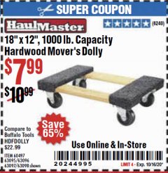 Harbor Freight Coupon 18" X 12", 1000 LB. CAPACITY HARDWOOD MOVER'S DOLLY Lot No. 60497/63095/63096/63097/63098 Expired: 10/16/20 - $7.99
