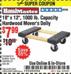Harbor Freight Coupon 18" X 12", 1000 LB. CAPACITY HARDWOOD MOVER'S DOLLY Lot No. 60497/63095/63096/63097/63098 Expired: 10/13/20 - $7.99