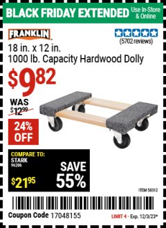 Harbor Freight Coupon 18" X 12", 1000 LB. CAPACITY HARDWOOD MOVER'S DOLLY Lot No. 60497/63095/63096/63097/63098 Expired: 12/3/23 - $9.82