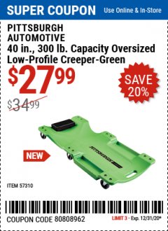 Harbor Freight Coupon 40 IN., 300LB. CAPACITY LOW-PROFILE CREEPER Lot No. 63424, 64169, 63372 Expired: 12/31/20 - $27.99