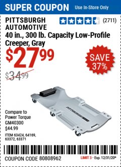 Harbor Freight Coupon 40 IN., 300LB. CAPACITY LOW-PROFILE CREEPER Lot No. 63424, 64169, 63372 Expired: 12/31/20 - $27.99