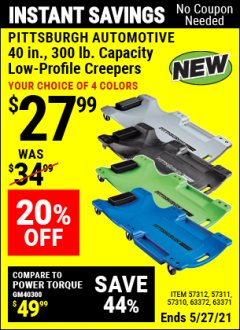Harbor Freight Coupon 40 IN., 300LB. CAPACITY LOW-PROFILE CREEPER Lot No. 63424, 64169, 63372 Expired: 4/29/21 - $27.99