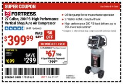 Harbor Freight Coupon FORTRESS 27 GALLON, 200PSI HIGH PERFORMANCE VERTICAL SHOP/AUTO AIR COMPRESSOR Lot No. 57254/56403 Expired: 5/1/22 - $399.99