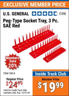 Harbor Freight ITC Coupon US GENERAL PEG TYPE SOCKET TRAY, 3PC METRIC Lot No. 70018 Expired: 10/31/20 - $19.99