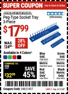Harbor Freight Coupon US GENERAL PEG TYPE SOCKET TRAY, 3PC METRIC Lot No. 70018 Expired: 2/11/24 - $17.99