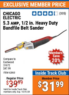 Harbor Freight ITC Coupon CHICAGO ELECTRIC 5.3 AMP, 1/2 IN. HEAVY DUTY BANDFILE BELT SANDER Lot No. 31672 Expired: 10/31/20 - $31.99