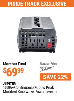 Harbor Freight ITC Coupon JUPITER 1000W CONTINOUS/2000W PEAK MODIFIED SINE WAVE POWER INVERTER Lot No. 57358 Expired: 5/31/21 - $69.99
