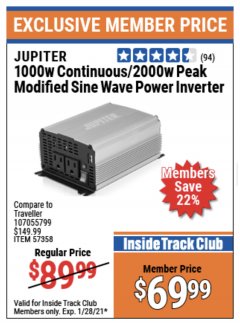 Harbor Freight ITC Coupon JUPITER 1000W CONTINOUS/2000W PEAK MODIFIED SINE WAVE POWER INVERTER Lot No. 57358 Expired: 1/28/21 - $69.99