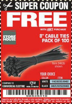 Harbor Freight FREE Coupon 8" CABLE TIES PACK OF 100 Lot No. 1142/60265/69402/34635/60263/69403 Expired: 6/5/19 - FWP