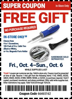 Harbor Freight FREE Coupon STOREHOUSE 8 IN. CABLE TIES, 100-PACK Lot No. 1142/69402/60265/34635/69403/60263 Expired: 10/6/24 - NPR