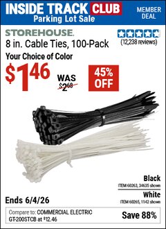 Harbor Freight ITC Coupon STOREHOUSE 8 IN. CABLE TIES, 100-PACK Lot No. 34635/60263/1142/60265 Expired: 6/4/26 - $1.46