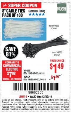 Harbor Freight Coupon 8" CABLE TIES PACK OF 100 Lot No. 1142/60265/69402/34635/60263/69403 Expired: 12/22/19 - $1.49