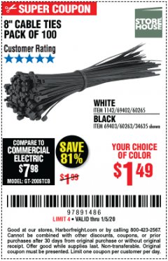 Harbor Freight Coupon STOREHOUSE 8 IN. CABLE TIES, 100-PACK Lot No. 1142/69402/60265/34635/69403/60263 Expired: 1/5/20 - $1.49