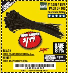 Harbor Freight Coupon 8" CABLE TIES PACK OF 100 Lot No. 1142/60265/69402/34635/60263/69403 Expired: 2/8/20 - $1.49