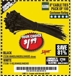 Harbor Freight Coupon STOREHOUSE 8 IN. CABLE TIES, 100-PACK Lot No. 1142/69402/60265/34635/69403/60263 Expired: 2/8/20 - $1.49