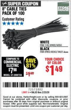Harbor Freight Coupon 8" CABLE TIES PACK OF 100 Lot No. 1142/60265/69402/34635/60263/69403 Expired: 2/23/20 - $1.49