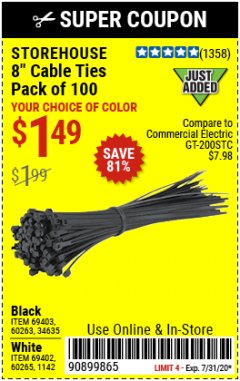 Harbor Freight Coupon STOREHOUSE 8 IN. CABLE TIES, 100-PACK Lot No. 1142/69402/60265/34635/69403/60263 Expired: 7/31/20 - $1.49