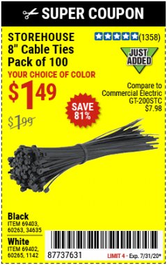Harbor Freight Coupon STOREHOUSE 8 IN. CABLE TIES, 100-PACK Lot No. 1142/69402/60265/34635/69403/60263 Expired: 7/31/20 - $1.99