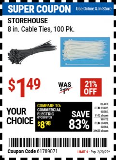 Harbor Freight Coupon 8" CABLE TIES PACK OF 100 Lot No. 1142/60265/69402/34635/60263/69403 Expired: 2/20/22 - $1.49