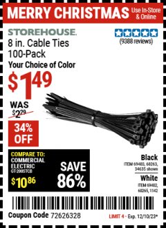 Harbor Freight Coupon 8" CABLE TIES PACK OF 100 Lot No. 1142/60265/69402/34635/60263/69403 Expired: 12/7/23 - $1.49
