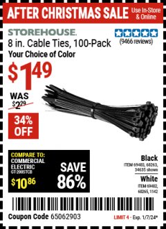 Harbor Freight Coupon 8" CABLE TIES PACK OF 100 Lot No. 1142/60265/69402/34635/60263/69403 Expired: 1/7/24 - $1