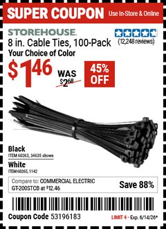 Harbor Freight Coupon STOREHOUSE 8 IN. CABLE TIES, 100-PACK Lot No. 34635/60263/1142/60265 Expired: 6/14/26 - $1.46