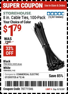 Harbor Freight Coupon STOREHOUSE 8 IN. CABLE TIES, 100-PACK Lot No. 1142/60265/34635/60263 Expired: 9/13/26 - $1.79