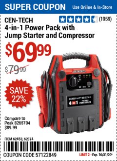 Harbor Freight Coupon CEN-TECH 4-IN-1 POWER PACK WITH JUMP STARTER AND COMPRESSOR Lot No. 62453,62374 Expired: 10/31/20 - $69.99