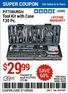 Harbor Freight Coupon PITTSBURGH TOOL KIT WITH CASE 130 PC. Lot No. 64263, 68998, 63248, 64080, 63091 Expired: 10/31/20 - $29.99