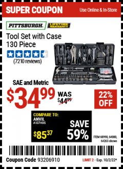 Harbor Freight Coupon PITTSBURGH TOOL KIT WITH CASE 130 PC. Lot No. 64263, 68998, 63248, 64080, 63091 Expired: 10/2/22 - $34.99