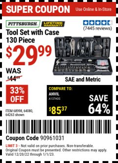 Harbor Freight Coupon PITTSBURGH TOOL KIT WITH CASE 130 PC. Lot No. 64263, 68998, 63248, 64080, 63091 Expired: 1/1/23 - $29.99