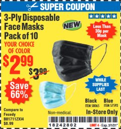 Harbor Freight Coupon 3-PLY DISPOSABLE FACE MASKS PACK OF 10 Lot No. 58065, 57593 Expired: 1/8/21 - $2.99
