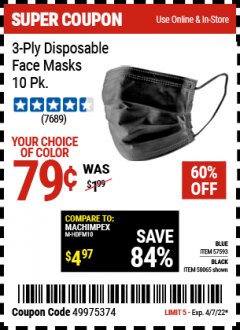 Harbor Freight Coupon 3-PLY DISPOSABLE FACE MASKS PACK OF 10 Lot No. 58065, 57593 Expired: 4/7/22 - $0.79