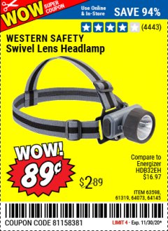 Harbor Freight Coupon SWIVEL LENS HEADLAMP Lot No. 63598/61319/64073/64145 Expired: 11/30/20 - $0.89
