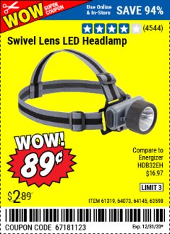Harbor Freight Coupon SWIVEL LENS HEADLAMP Lot No. 63598/61319/64073/64145 Expired: 12/31/20 - $0.89