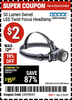 Harbor Freight Coupon SWIVEL LENS HEADLAMP Lot No. 63598/61319/64073/64145 Expired: 2/18/24 - $2