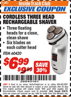 Harbor Freight ITC Coupon CORDLESS THREE HEAD RECHARGEABLE SHAVER Lot No. 60420/40195 Expired: 9/30/18 - $6.99