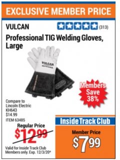 Harbor Freight ITC Coupon PROFESSIONAL TIG WELDING GLOVES, LARGE Lot No. kh643 Expired: 12/3/20 - $7.99