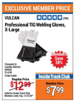 Harbor Freight ITC Coupon PROFESSIONAL TIG WELDING GLOVES, X- LARGE Lot No. kh643 Expired: 12/3/20 - $7.99