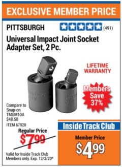Harbor Freight ITC Coupon UNIVERSAL IMPACT JOINT SOCKET ADAPTER SET,2PC.ADAPTER  Lot No. timum10a Expired: 12/3/20 - $4.99
