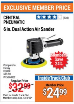 Harbor Freight ITC Coupon 6 IN. DUAL ACTION AIR SANDER Lot No. h4870 Expired: 12/3/20 - $24.99