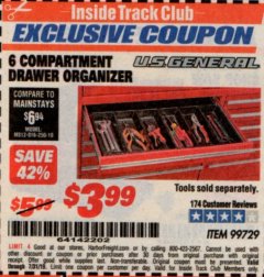 Harbor Freight ITC Coupon 6 COMPARTMENT DRAWER ORGANIZER Lot No. 99729 Expired: 7/31/19 - $3.99