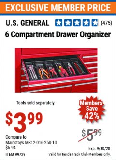 Harbor Freight ITC Coupon 6 COMPARTMENT DRAWER ORGANIZER Lot No. 99729 Expired: 9/30/20 - $3.99