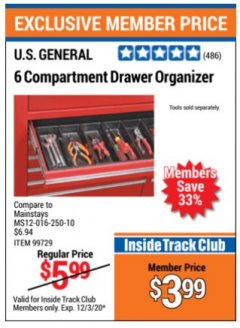 Harbor Freight ITC Coupon 6 COMPARTMENT DRAWER ORGANIZER Lot No. 99729 Expired: 12/3/20 - $3.99