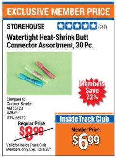 Harbor Freight ITC Coupon WATERTIGHT HEAT-SHRINK BUTT CONNECTOR ASSORTMENT ,30PC. Lot No. amt5123 Expired: 12/3/20 - $6.99