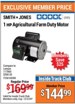 Harbor Freight ITC Coupon 1 HP AGRICULTURAL  FARM DUTY MOTOR Lot No. 117865 Expired: 12/3/20 - $144.99